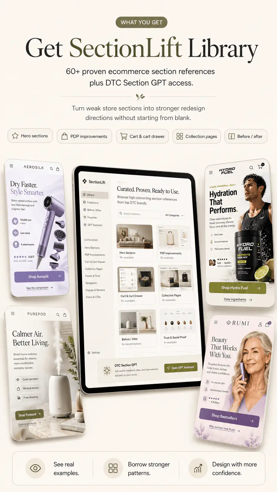 SectionLift Library showcase with ecommerce section references and DTC Section GPT access