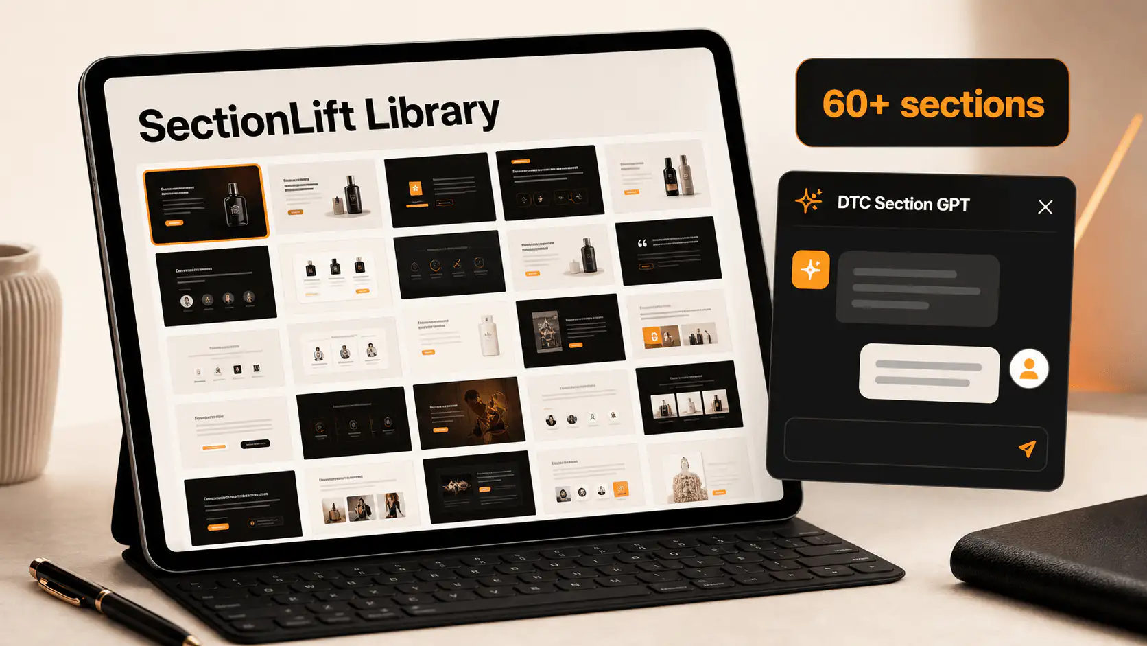 SectionLift Library product mockup with 60+ ecommerce sections and DTC Section GPT